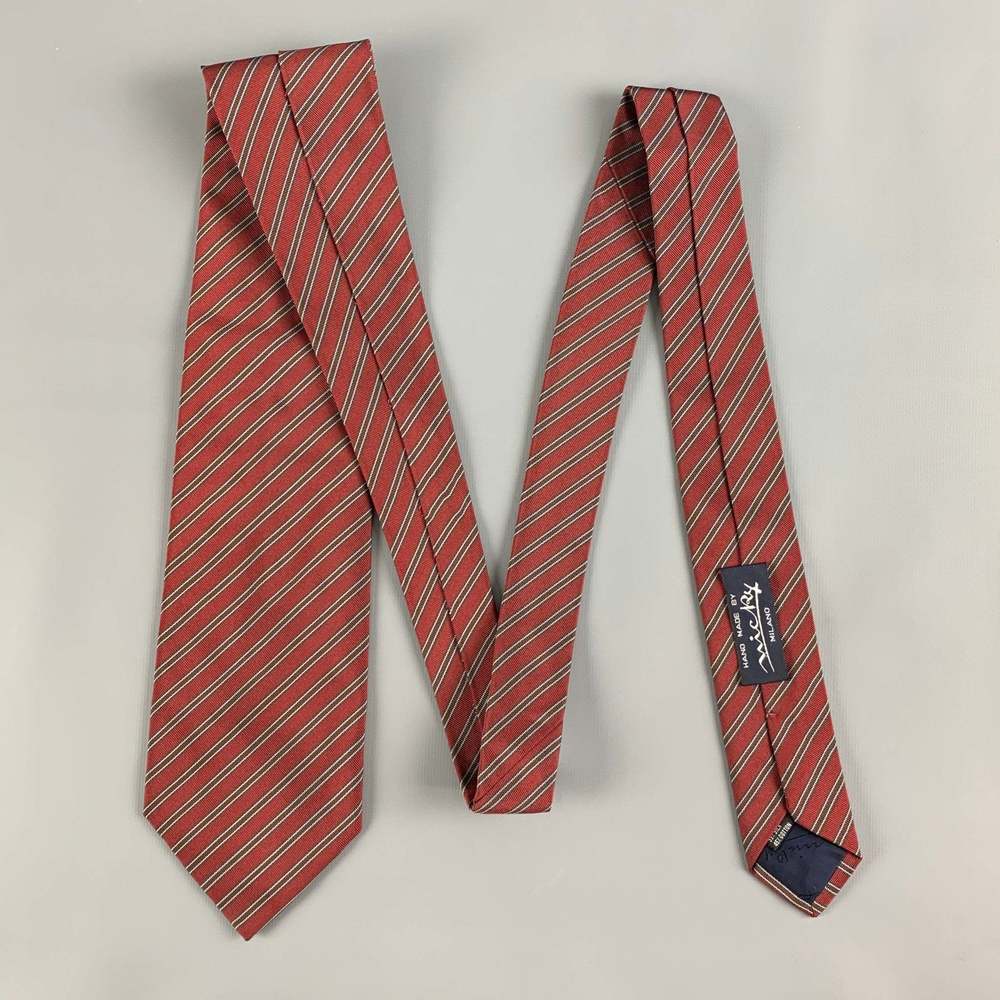 MICKY Burgundy Brown Diagonal Stripe Silk  Cotton Tie - Picture 3 of 6